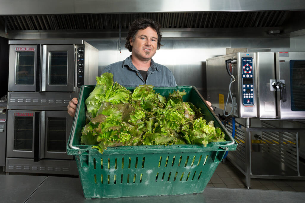 Man holding washed lettuce in a kitchen